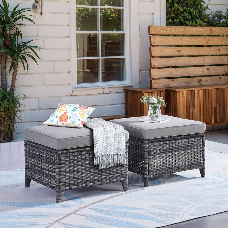 Outdoor Ottomans for Patio Set of 2 PE Wicker - Grey - Grey
