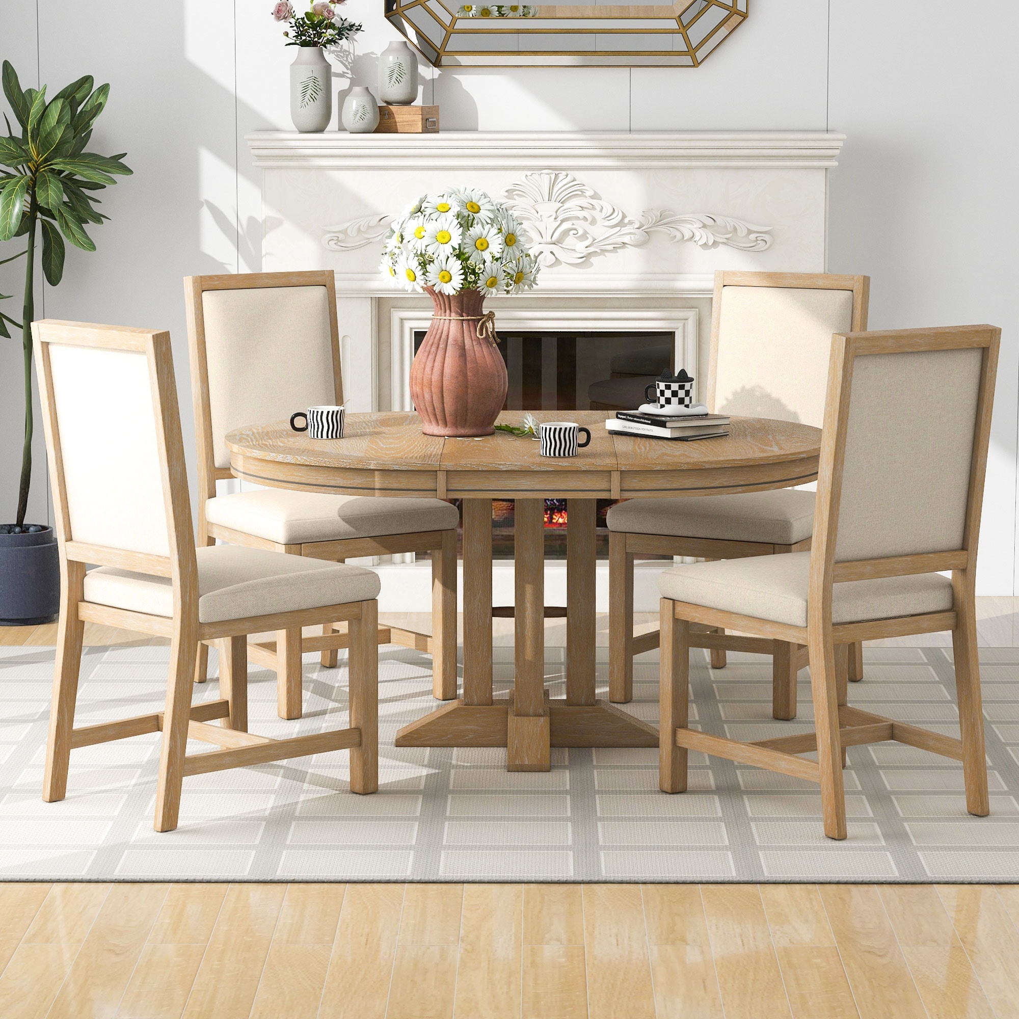 5-Piece Dining Set Extendable Round Table and 4 Upholstered Chairs Farmhouse Dining Set for Kitchen,Dining Room