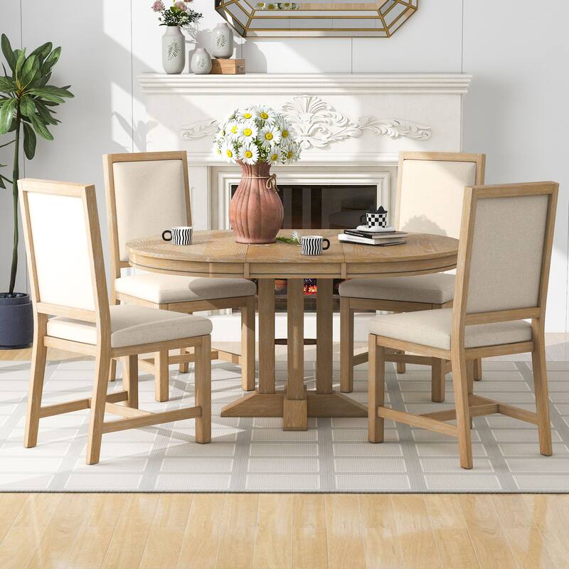 Farmhouse 5-Piece Dining Set with Extendable Round Table and 4 Upholstered Chairs for Kitchen or Dining Room