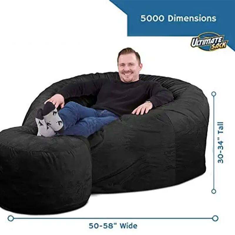 Ultimate Sack 5 Ft Foam Filled Fur Covered Bean Bag Chair w/Footstool, Charcoal