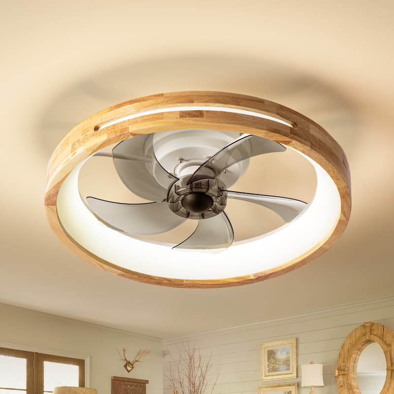 19.7" Farmhouse Flush Mount Ceiling Fan with LED Light and Remote Control, Wooden Finish for Bedroom/Living Room - 5
