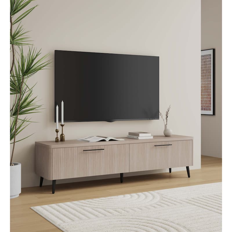 Fluted TV Stand for 75 Inch Screens with 2 Drawers and Metal Legs