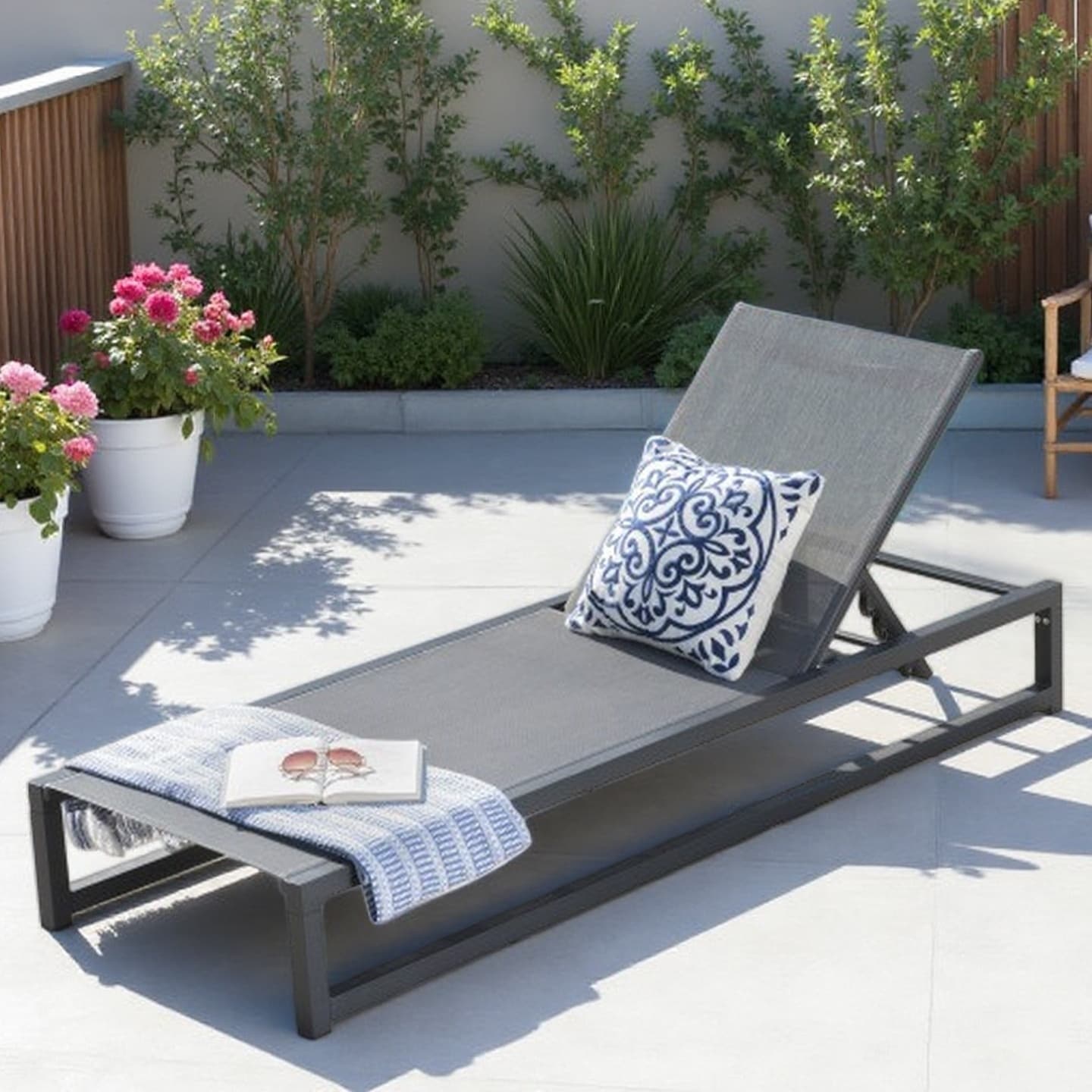 Aluminum Outdoor Chaise Lounge Chair with Breathable Textilene Mesh, 5-Position Adjustable Recliner, 400 lbs Capacity