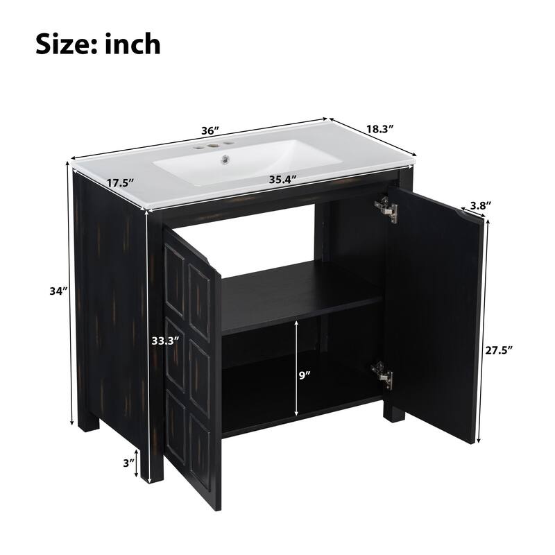 36" Rustic Bathroom Vanity Cabinet with Ceramic Sink -Solid Wood Freestanding Organizer with Soft Close Doors.
