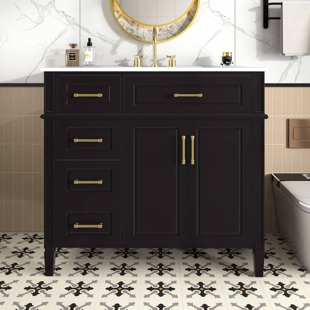 Roomfitters 36" Bathroom Vanity with Sink, Solid Pinewood Frame, 4 Drawers, Soft-Close Doors & Adjustable Shelf