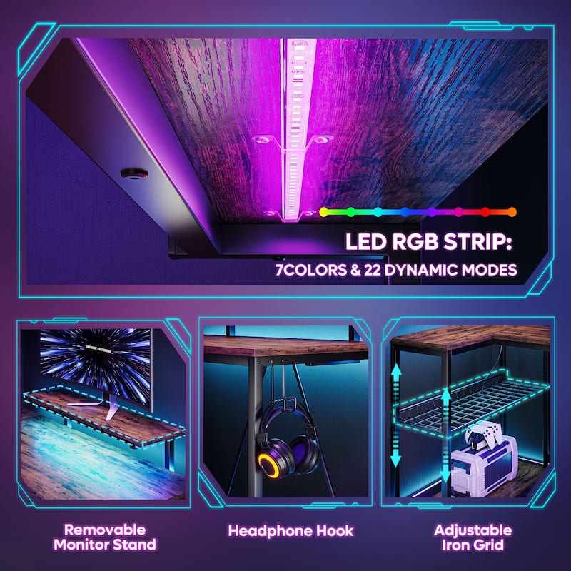 48inch L shaped computer desk with power outlet , Led Gaming desk with Monitor stand