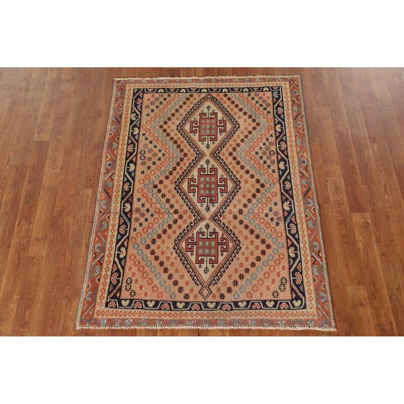 Peach / Pink Shiraz Persian Vintage Area Rug Hand-knotted Wool Carpet - 3'5"x 4'7"