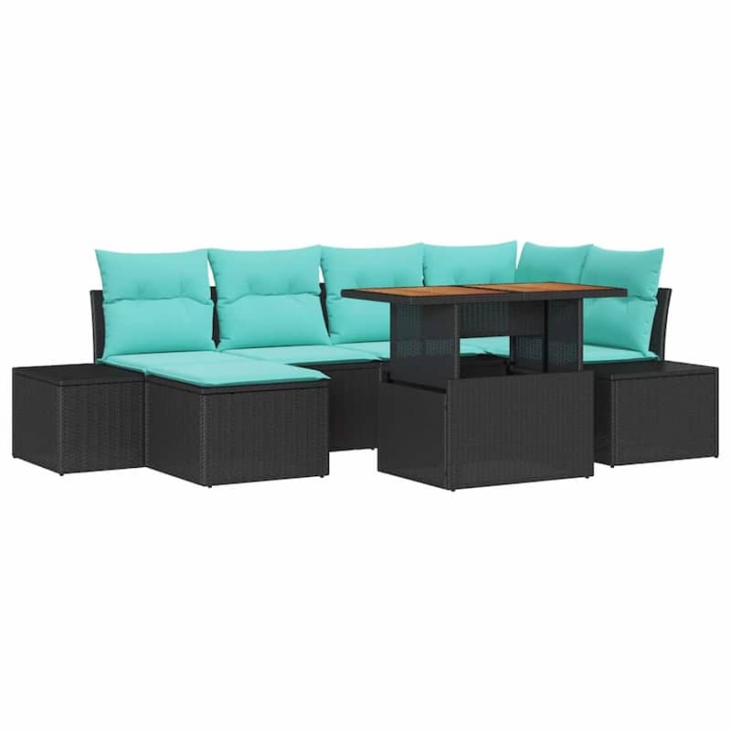 vidaXL 7 Garden Sofa Set with Cushions Black/Grey Poly Rattan - 103.9 x 60.6 x 27.2