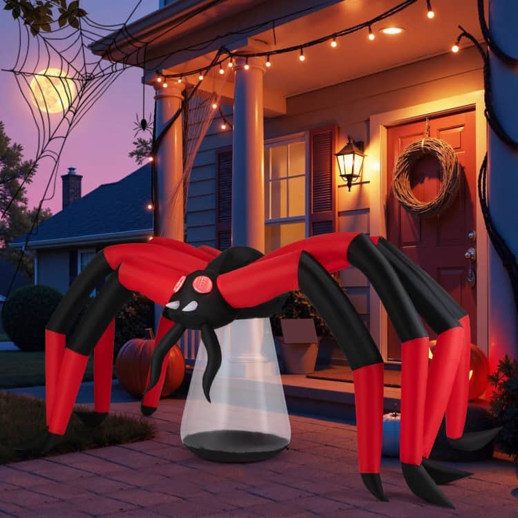 Black-Red Polyester Giant Inflatable Halloween Spider with LED Eyes and 10ft Wide - 123" x 51.5" x 59"