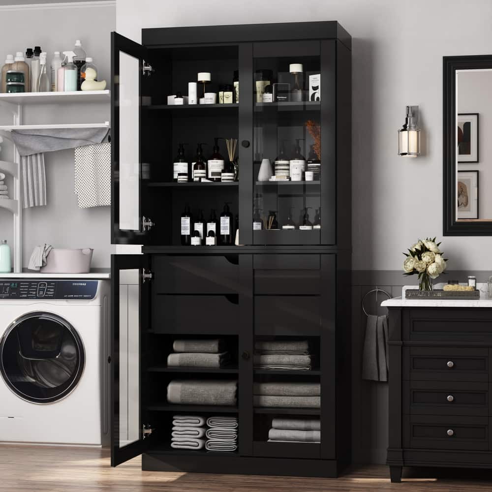 Palace Imports 100% Solid Wood Bathroom Storage Cabinet, Clear Glass Doors, 2 Drawers, Adjustable Shelves, 32" Wide, 71.5" Tall