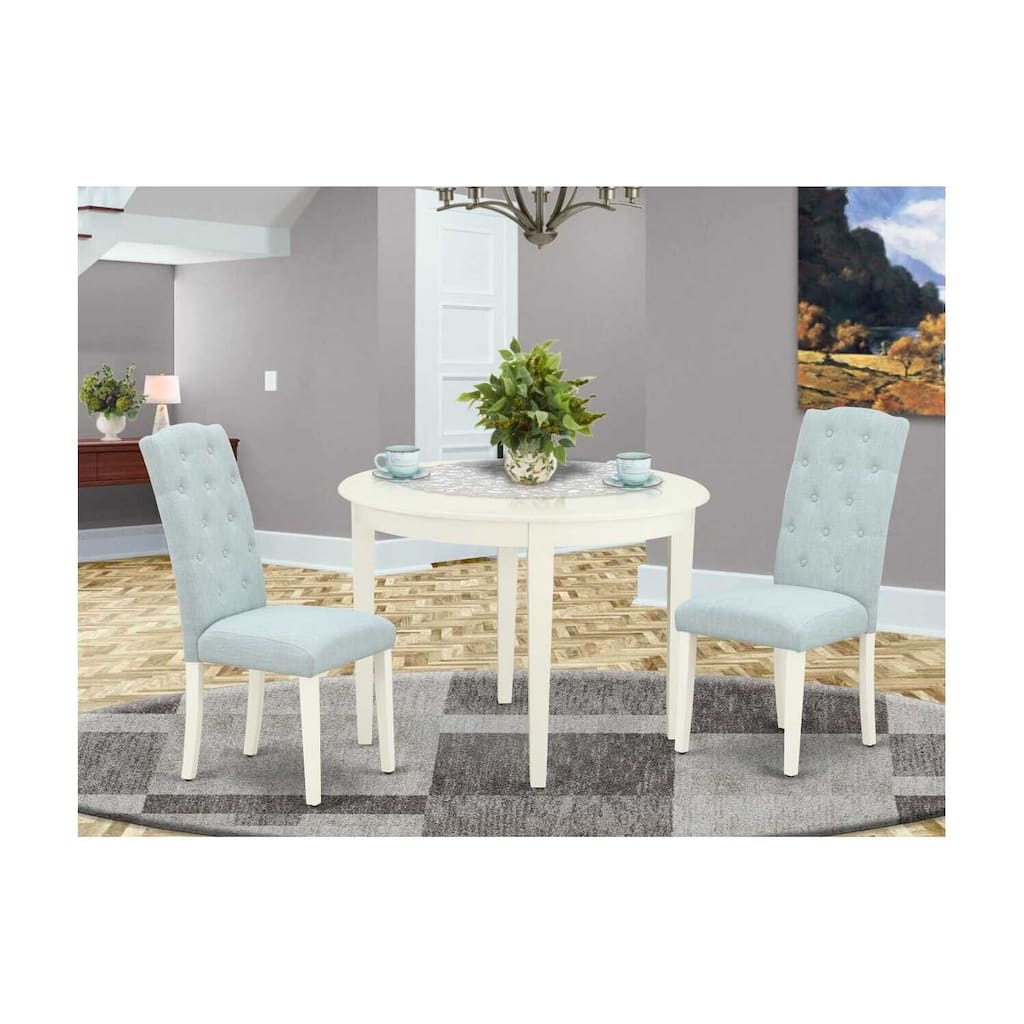 3Pc Dinette Set - Kitchen Table & 2 Chairs - Small Round Table - Linen White & Baby Blue