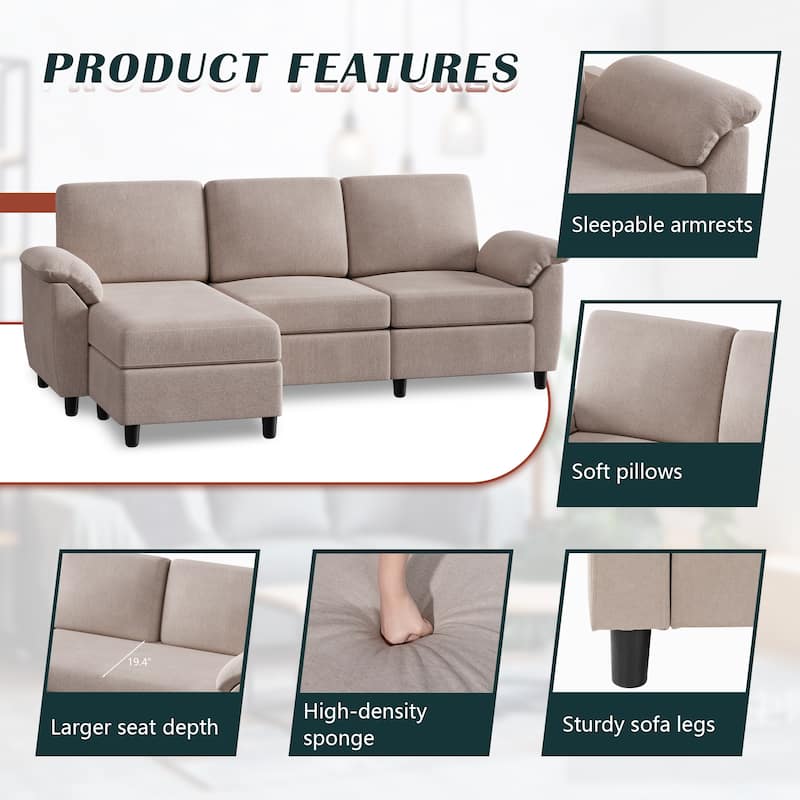 Futzca ​Sectional Sofa Couch, 3 Seat L Shaped Sofa with Removable Pillows
