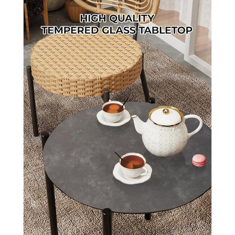 3 Piece Outdoor Bistro Set, Patio Rattan Bistro Set with Coffee Table, Black Steel Frame + Grey Rattan - N/A