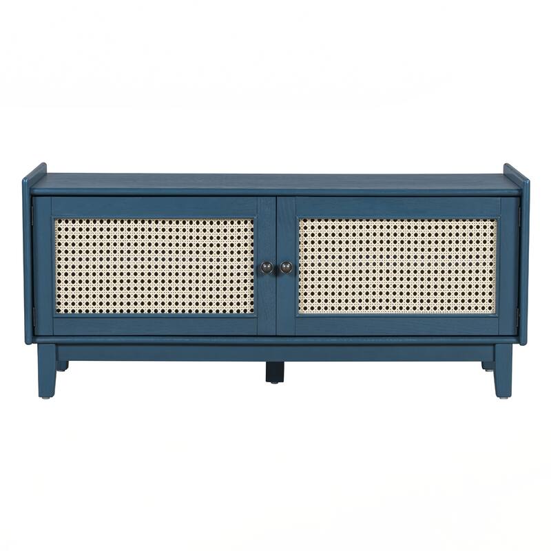 Rattan Entryway Bench with Storage, Cushioned Shoe Bench with Double Doors - Blue