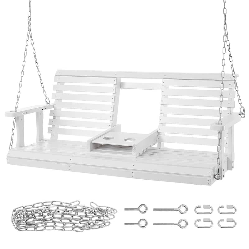 White Cedar Wood Porch Swing with Steel Chains and Cup Holder - 60” L x 28” W x 23.6” H