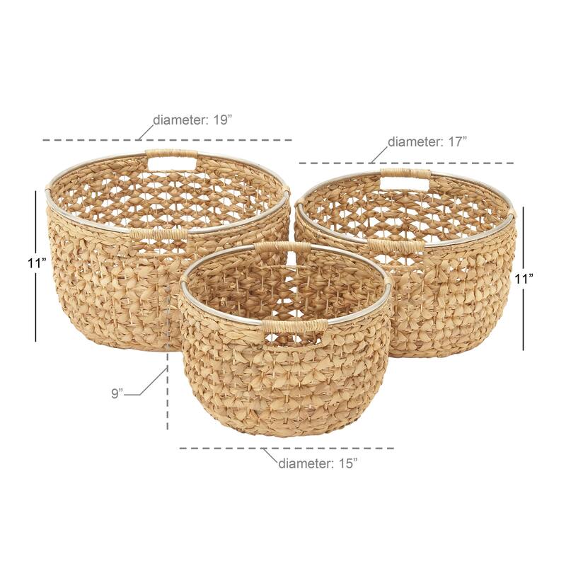 Light Brown Seagrass Handmade Decorative and Functional Storage Basket with Metal Handles (Set of 3)