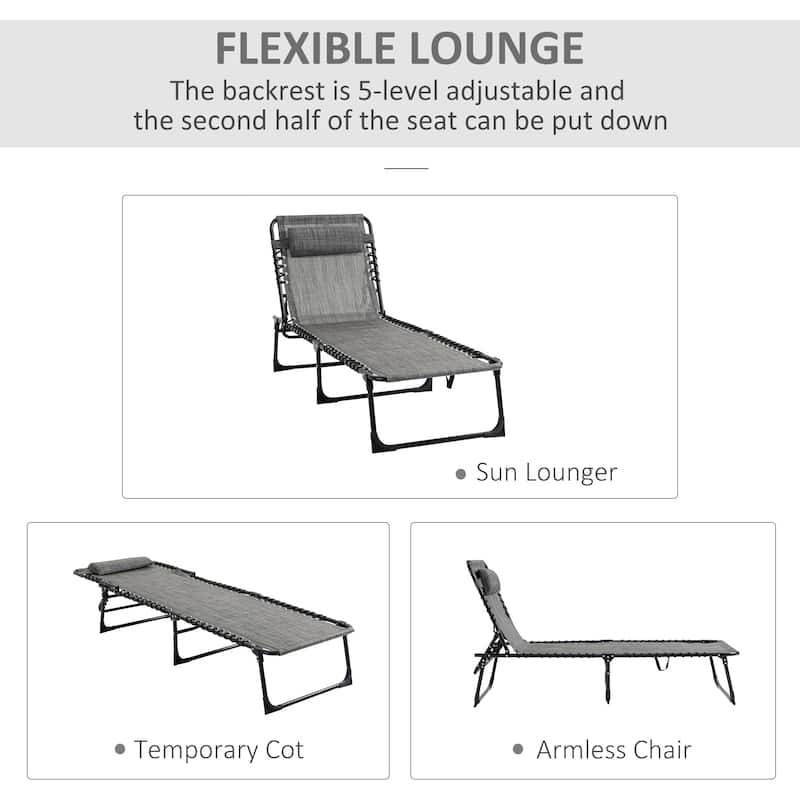 Outsunny Reclining Lounge Chair, Portable Sun Lounger, Folding Camping Cot, with Adjustable Backrest and Removable Pillow
