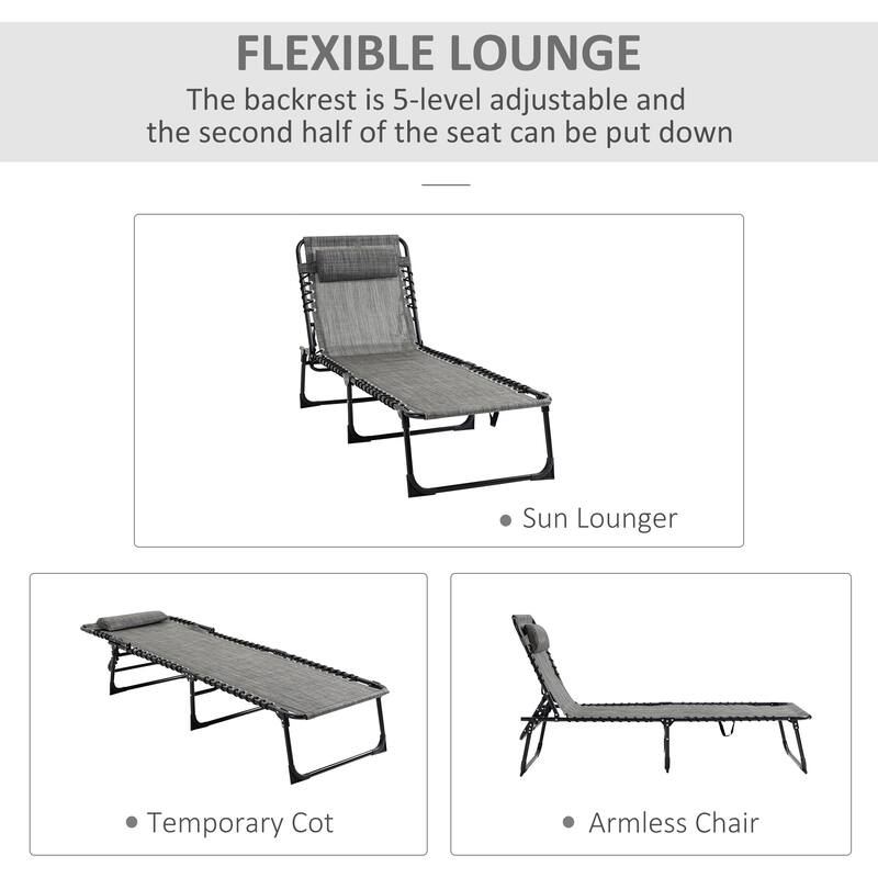 Reclining Chaise Lounge Chair, Portable Sun Lounger, Folding Camping Cot, With Adjustable Backrest And Removable Pillow - Grey