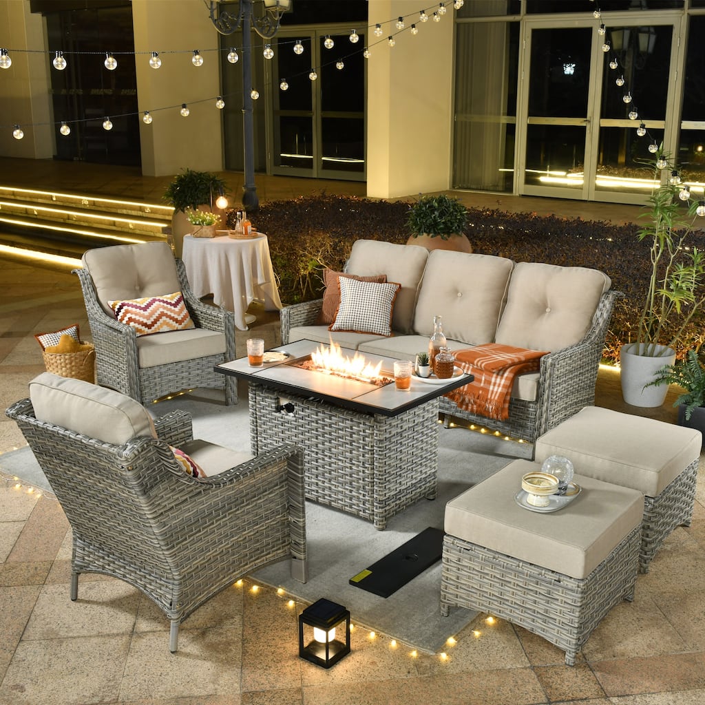 XIZZI 6-piece Rattan Wicker Outdoor Furniture Deep Seat Sofa Set with Fire Pit