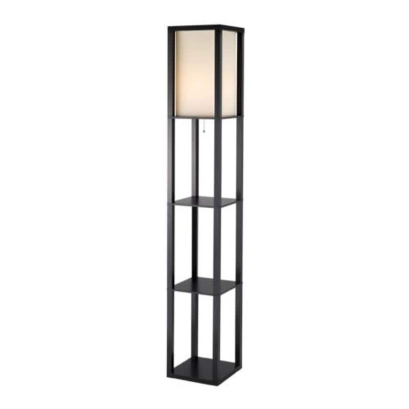 Black and White Solid Wood Column Floor Lamp with Cotton Shade and Pull Chain - 11.5” x 11.5” x 72” (D x W x H)