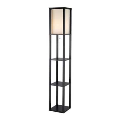 Black and White Solid Wood Column Floor Lamp with Cotton Shade and Pull Chain - 11.5” x 11.5” x 72” (D x W x H)