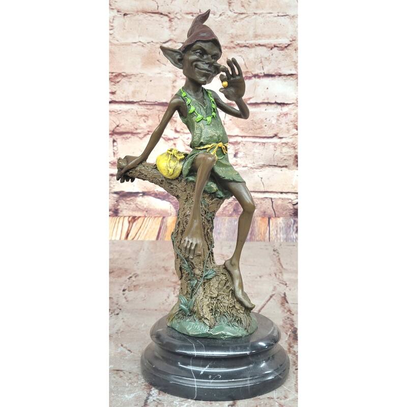Bronze Elf Leprechaun Sitting On Tree Stump Fantasy Sculpture With Marble Base