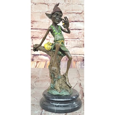 Bronze Elf Leprechaun Sitting On Tree Stump Fantasy Sculpture With Marble Base