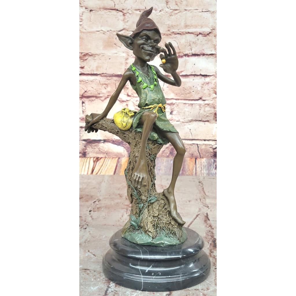 Bronze Elf Leprechaun Sitting On Tree Stump Fantasy Sculpture With Marble Base