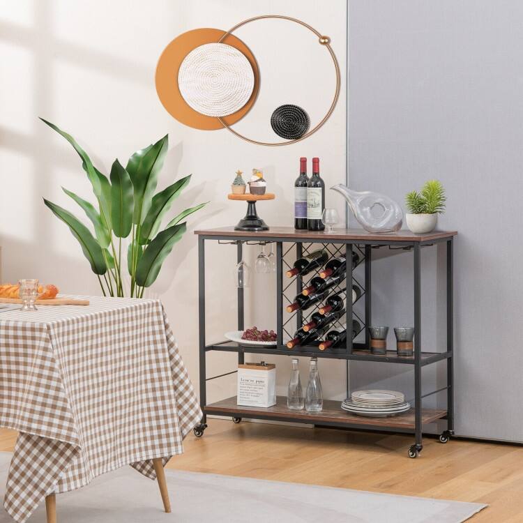 3-Tier Wine Bar Cabinet wit 8 Bottles Rack and 12 Glasses Hanger-Rustic Brown - 39.5" x 16" x 34" (L x W x H)