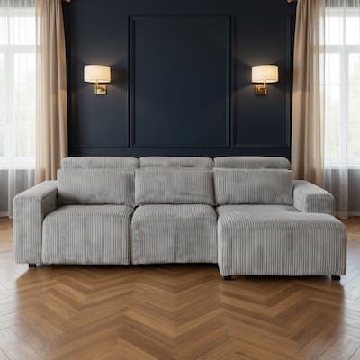 HomeRoots Light Gray Corduroy Sleeper L Shaped Sofa and Chaise Sectional