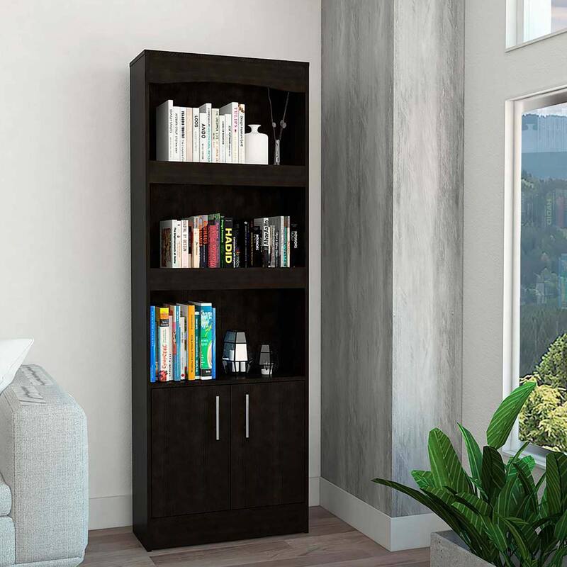FM Furniture Durango Bookcase, Three Shelves, and Double Door Cabinet - Black