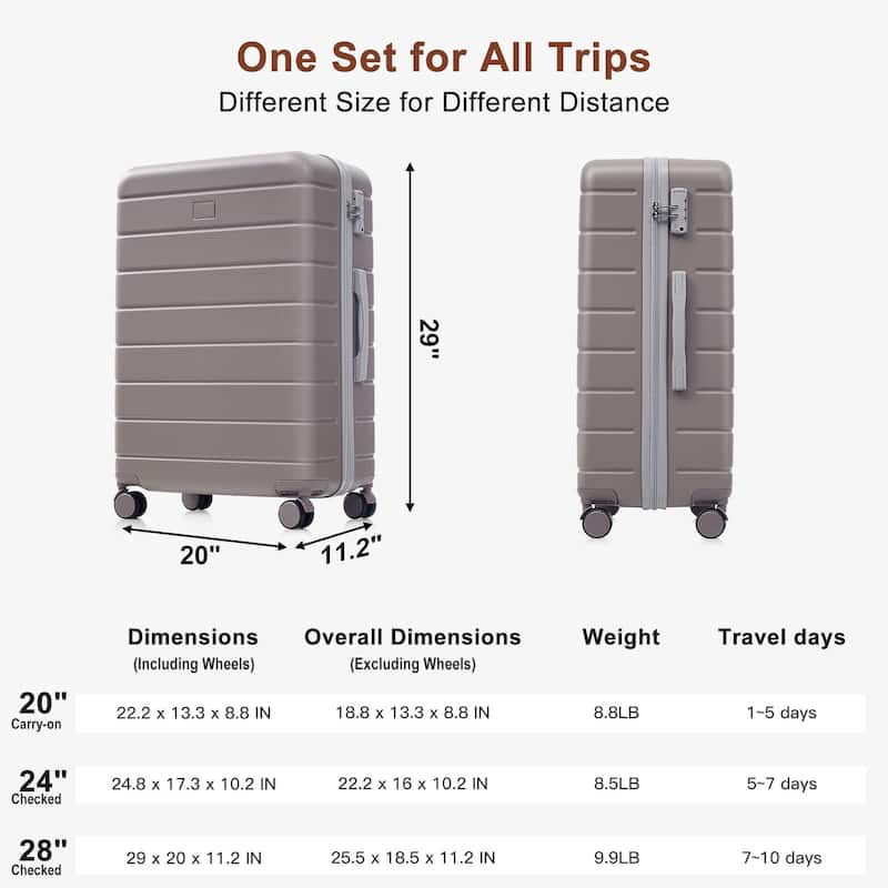 3-Piece, 20, 24, 28-Inch Modern Premium Luggage with TSA Lock and 360° Spinner Wheels, for Boarding Travel