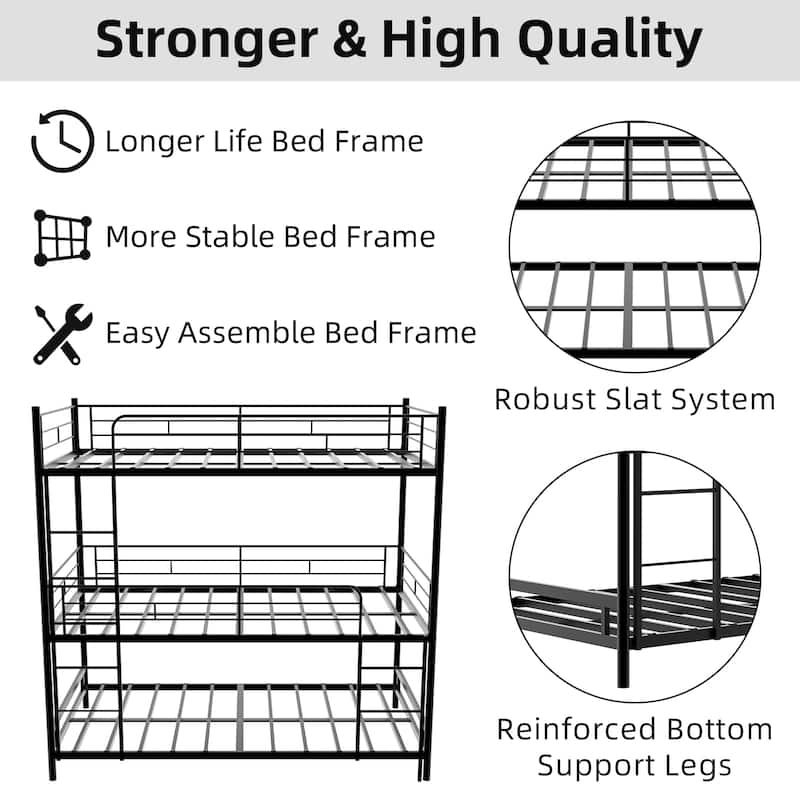 Heavy-Duty Triple Frame Bed With Built-In Ladder And Full-Length Railing, Floor Safe For Children/Teens, No Springs Required