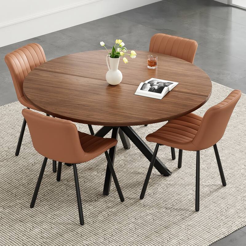 47.2" Solid Wood Round Dining Kitchen Table for 4-6 People with Intersecting Pedestal Base - Walnut