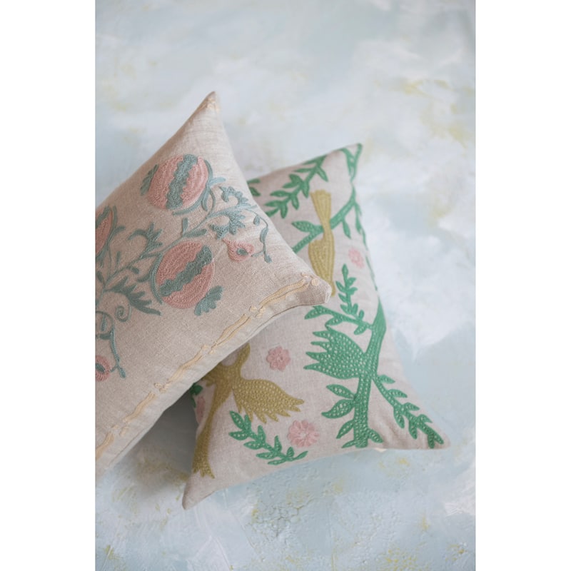 Cotton Chambray Lumbar Pillow with Bird Embroidery
