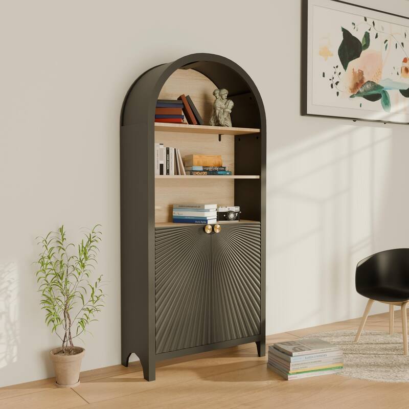 61" Tall Arched Cabinets,Bookcase with storage,Mid-Century Modern 5-Tier Bookshelf with Door,Black