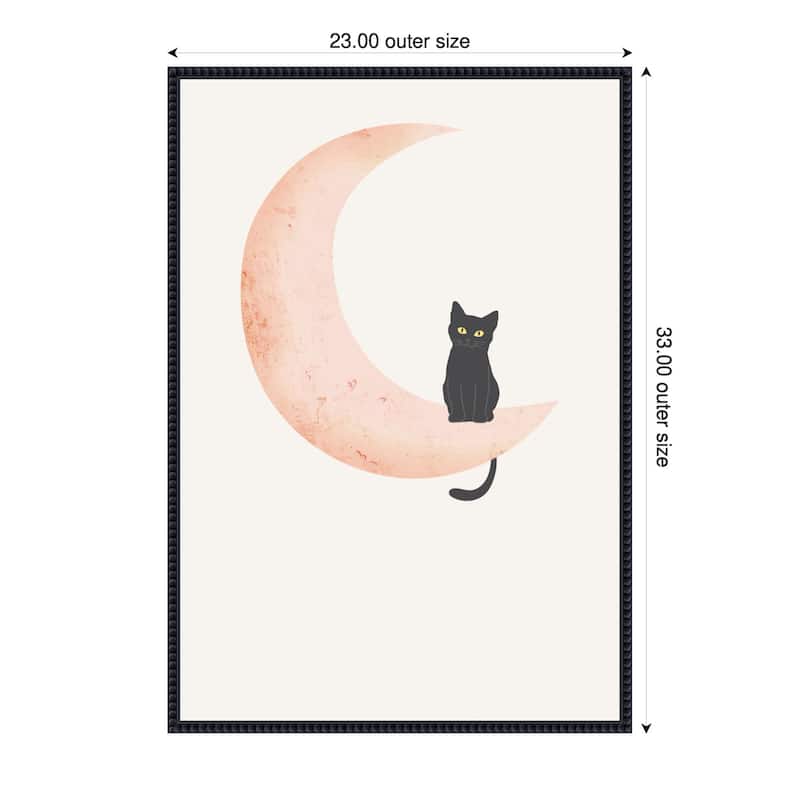Cat Crescent Moon by Melloi Art Prints Framed Canvas Wall Art - 23 x 33 in