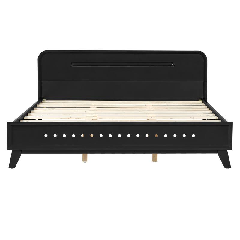 Rustic Pine Wood Bed Frame Low-Profile Platform Bed with Panel Headboard Solid Wood Slat Support and Extra Wide Thickened Legs