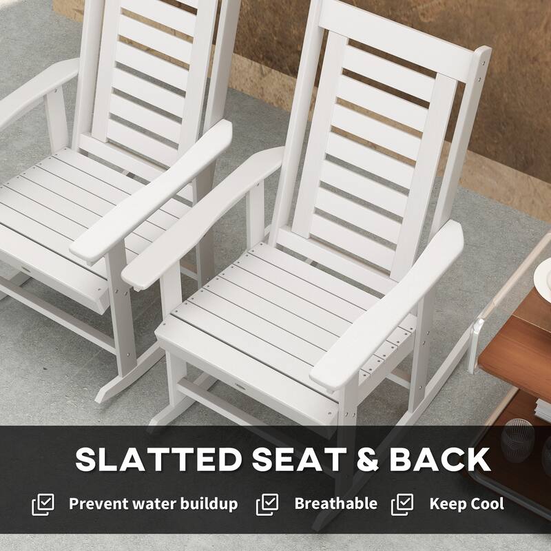 Set of 2 Outdoor HDPE Rocking Chairs with Slatted Back and Comfortable Armrests for Patio or Porch - 25.6" W x 35" D x 40.6" H