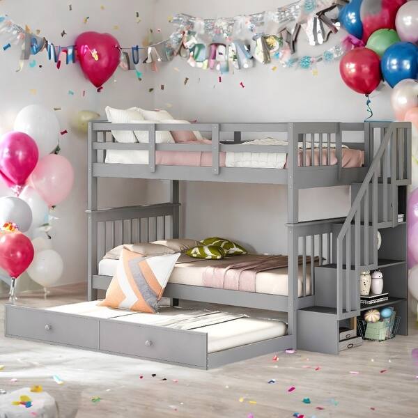 slide 2 of 15, Twin-Over-Twin Bunk Bed with Twin size Trundle for Bedroom, Dorm, Adults Grey