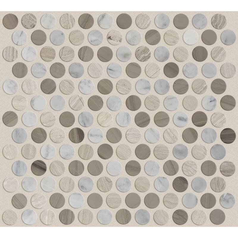 Shaw Chateau Penny Round Mosaic - 11-5/16" x 12" Circle Penny Mosaic - Bianco Carrara / Rockwood / Urban Gray