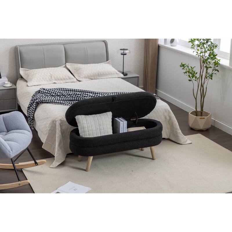 Bedroom Storage Bench, Velvet Oval Upholstered End of Bed Bench with Wood Legs, Modern Storage Ottoman Bench for Entryway