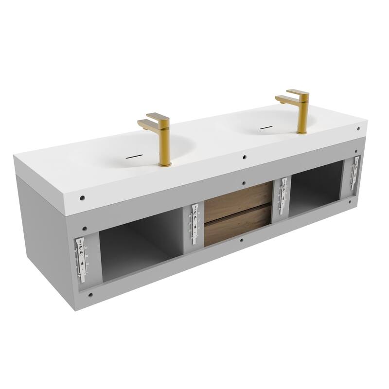 Thames 60" Shallow Basin Wall Mounted Bathroom Vanity Set w/ White Top
