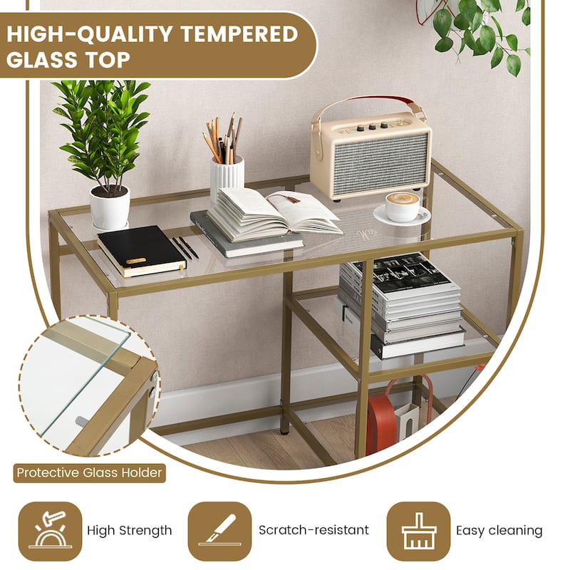 Gymax Computer Desk Tempered Glass Workstation Vanity Table w/ 2-Tier