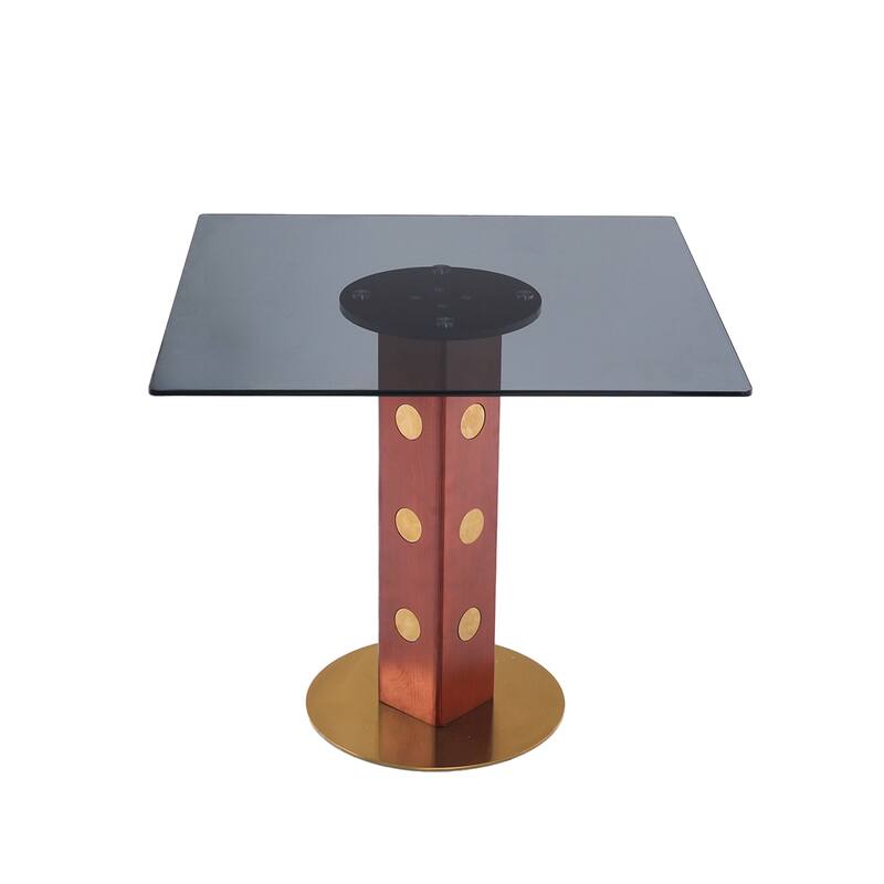 Modern Square Dining Table, 33.5" Tempered Glass Table with Wooden Leg & Gold Base, 2 - Person Kitchen Table for Small Space