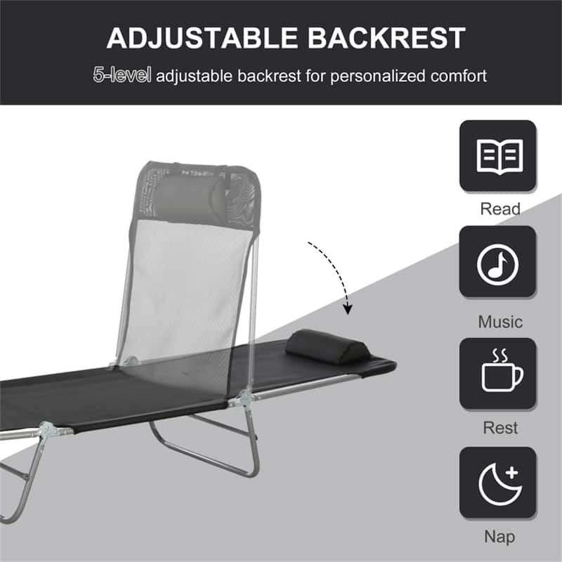6 Recline Positions Adjustable Outdoor Sun Lounger Chair with Foldable Steel Frame and Mesh Seat - 22" W x 71.7" D x 11" H