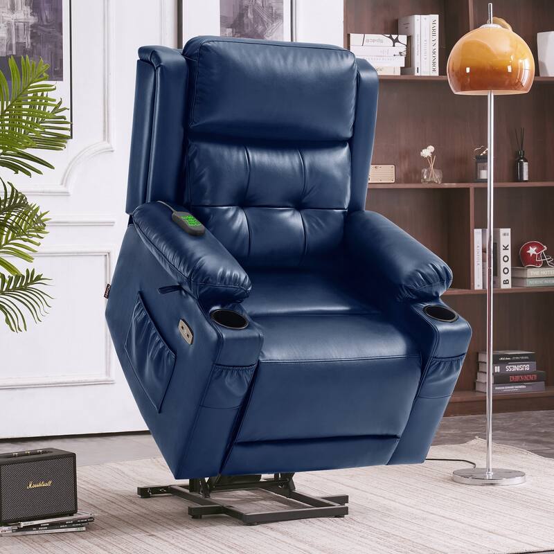 MCombo Lay Flat Dual Motor Power Lift Recliner Chair Sofa with Heat and Massage, Infinite Position, Faux Leather 7661 - Blue