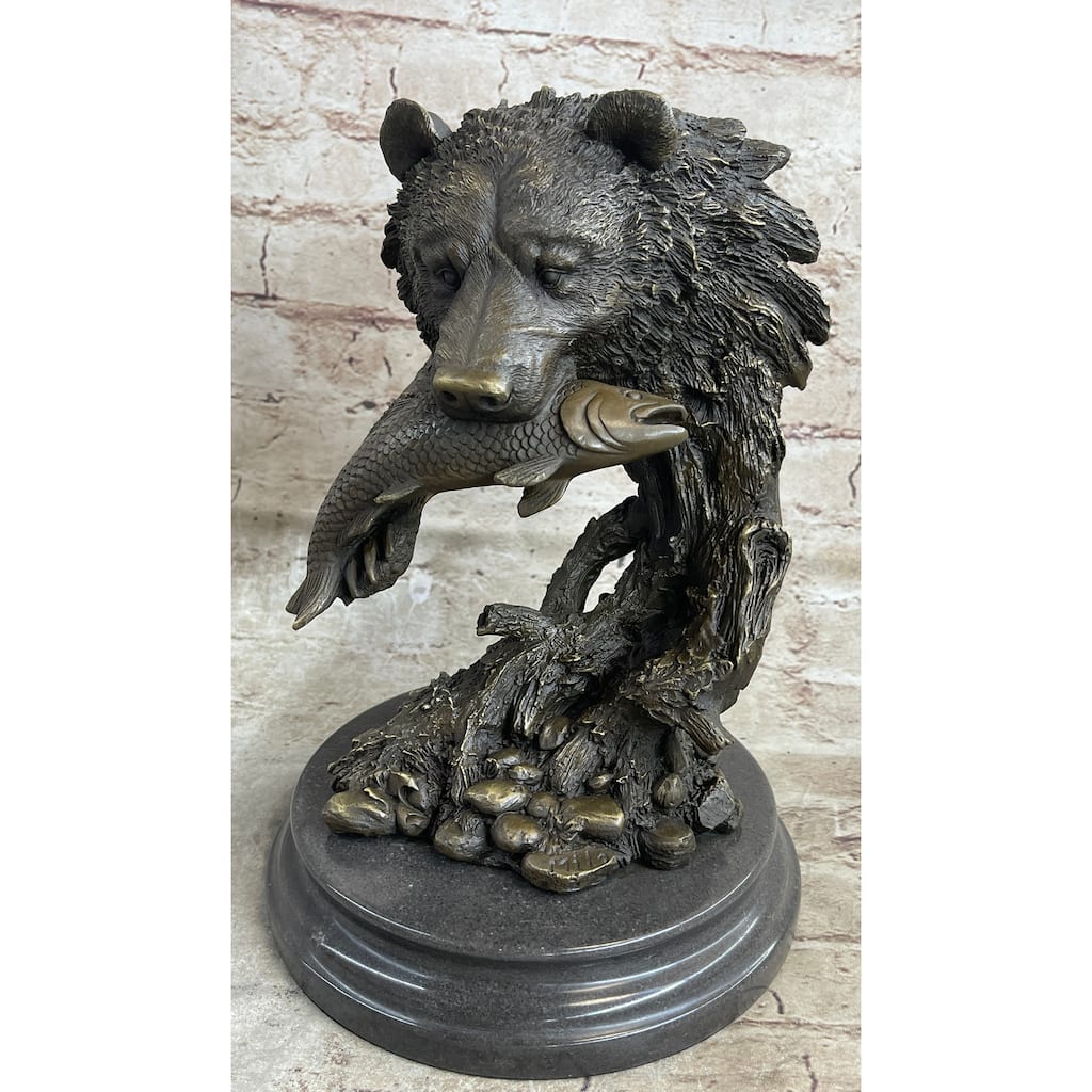 Bear Catching Salmon Bronze Metal Bust Statue Sculpture Original Art On Marble Base