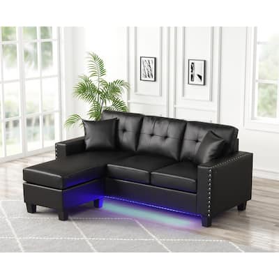 Sorenza 74"W Black PVC Reversible Sectional Sofa Chaise with LED Light, USB Port, Nailhead Trim, Throw Pillows, Tufted Cushion