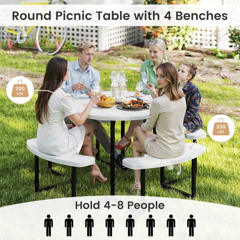 Costway Round Picnic Table Bench Set with 4 Benches Umbrella Hole All - See Details